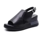 Wedge platform black leather sandals