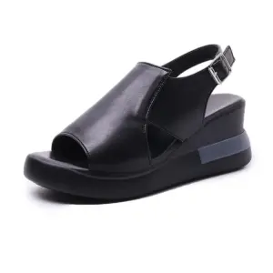 Wedge platform black leather sandals