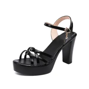 Black Cross Ankle Strap Patent Leather Block Heels