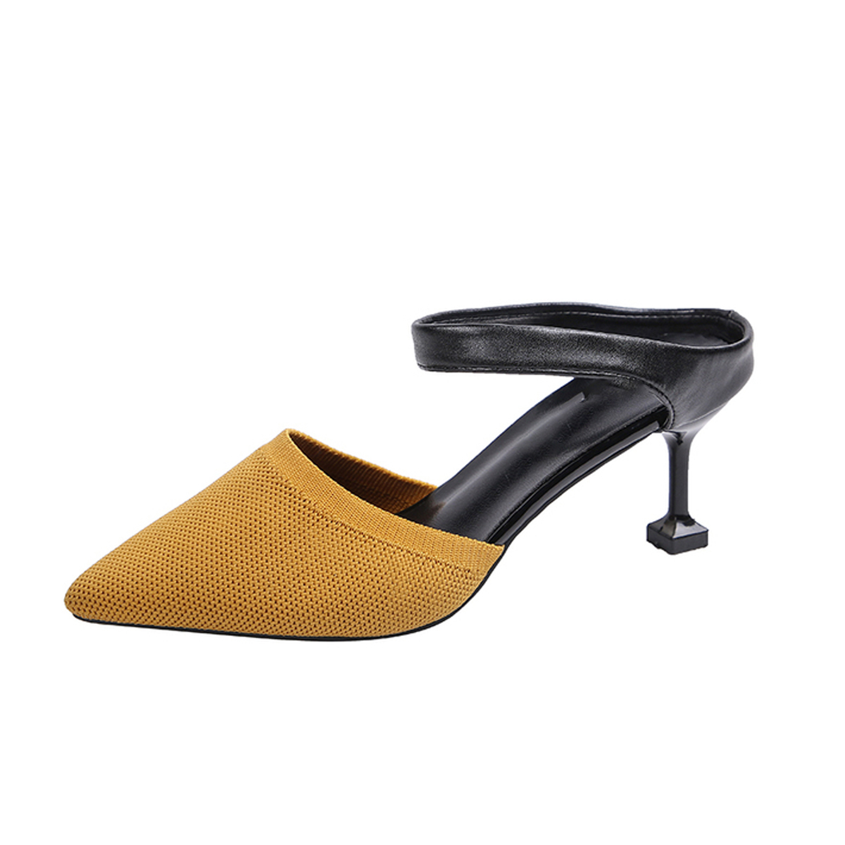 Artboard 4 (1) Yellow Pointed Toe Knit Mid Heeled Mules