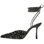 Black Pointed Beaded Lace Up Heels