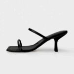 Black Square Toe Medium Heel Sandals