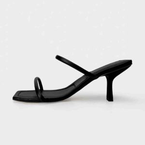 Black Square Toe Medium Heel Sandals