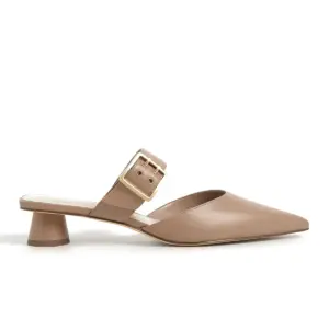 Tan Brown Pointed Toe Mule Heel with Double Hole Buckle