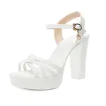 White Cross Ankle Strap Patent Leather Block Heels