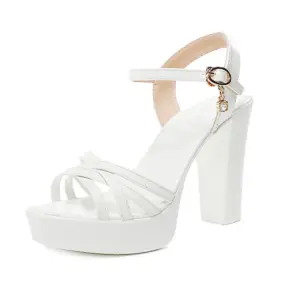 White Cross Ankle Strap Patent Leather Block Heels